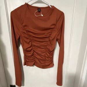 SHEIN Women's Rust Ruched Stretch Long Sleeve Blouse Size L Regular